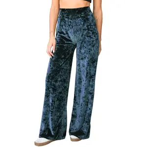 Daisy Del Sol Women's Indigo Blue Lush Crushed Velvet Casual Loungewear Mid to High Rise Elastic Waist Stretch Knit Loose Fit Straight Wide Leg Palazzo Pants