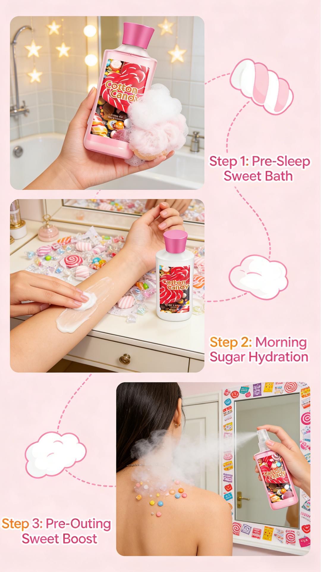 Mother's Day Gift-Vital Luxury Cotton Candy Scented Bath-3 Travel Set - 3oz Shower Gel,3oz Body Lotion, 3oz Body Mist & 2.5oz Bath Salts | SilkyLather, All-Day Freshness, Intense Moisture | Ideal Gift forMom, Wife, Sister & Girlfriend