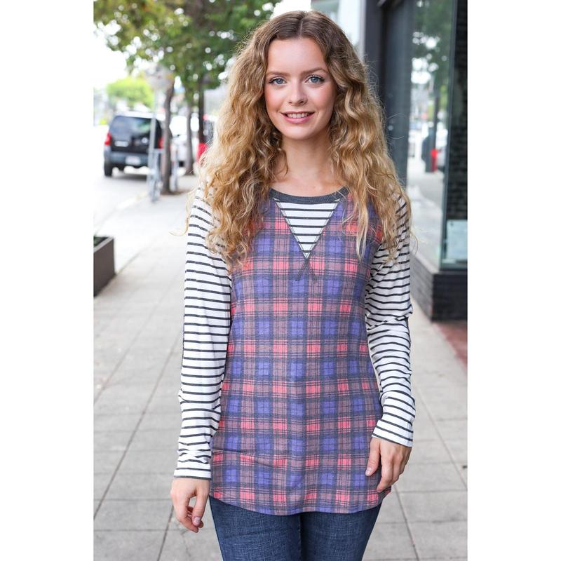 Feeling Playful Plaid/Stripe Outseam Stitch Elbow Patch Pullover