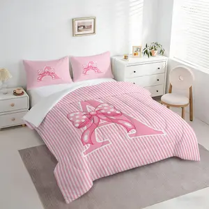 2/3PCS Cute Preppy Pink Stripe Bow Letter A-Z Comforter Set, With Pillowcase, Sweet Girly Lightweight Bed Set,Skin-Friendly Cozy, Perfect For Girls Teens Bedroom, Dorm, Apartment Creating a Cozy Room Decor