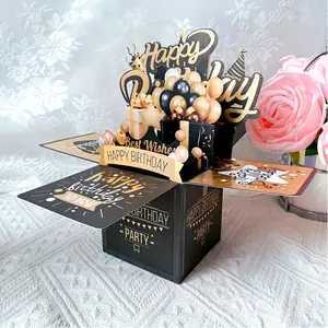 1 Pcs Black and Gold Pop-up 3D Birthday Card Happy Birthday Card, Handmade Paper Carving Card, Handmade Card, Gift, Party Favor Decoration