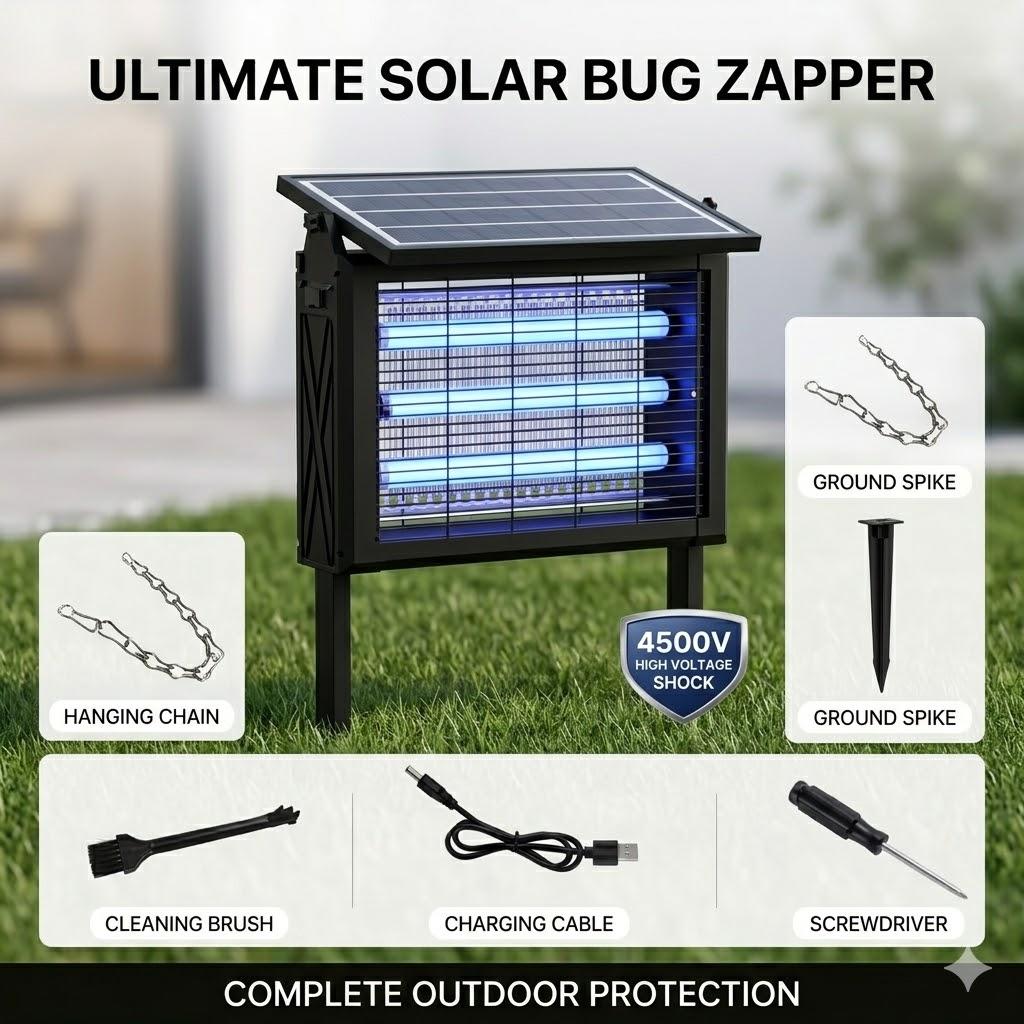 Solar Powered Bug Zapper Outdoor, 4500V High Voltage Electric Mosquito Killer, Wireless Portable Insect Trap with Light Sensor, Fly & Moth Killer for Backyard, Patio, Garden & Camping