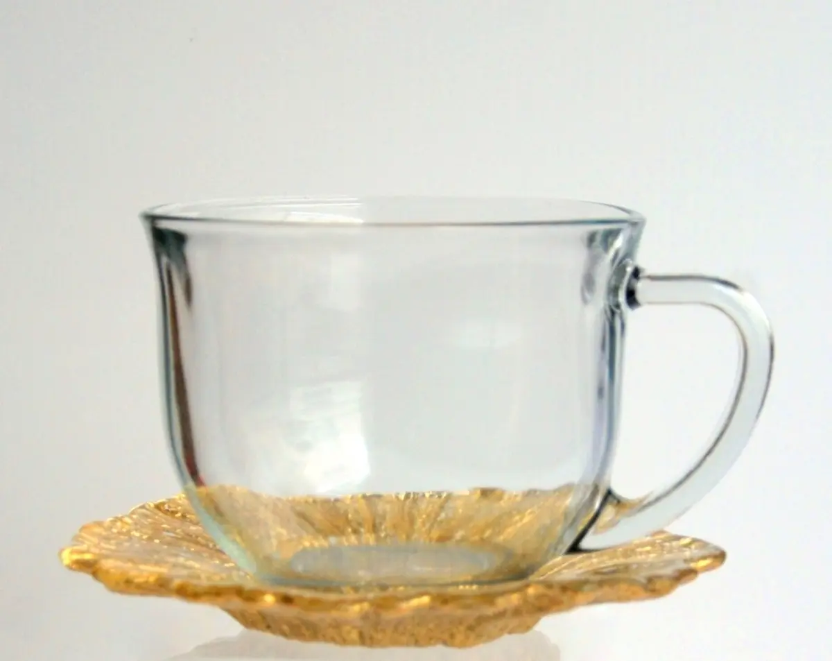 Red Pomegranate 1311-1 Glass Coral Jumbo Cup & Saucer Set - 18 oz, Gold Accent, Set of 2