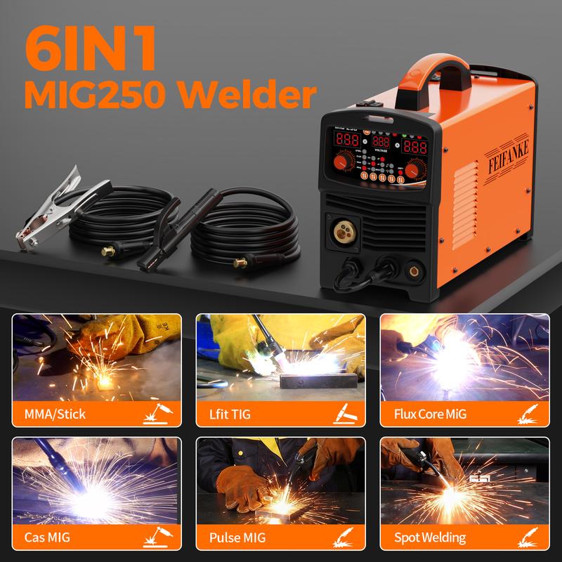 FEIFANKE MIG250A Welder with 110/220v smart conversion, 6-IN-1(MMA/LIFT TIG/FLUX CORE MIG CAS MIG/PLUSE MIG/SPOT welding) welder machine, LED Display Digital welder,Includes 3 Spools of Welding Wire,  for Professional and DIY Welding Projects