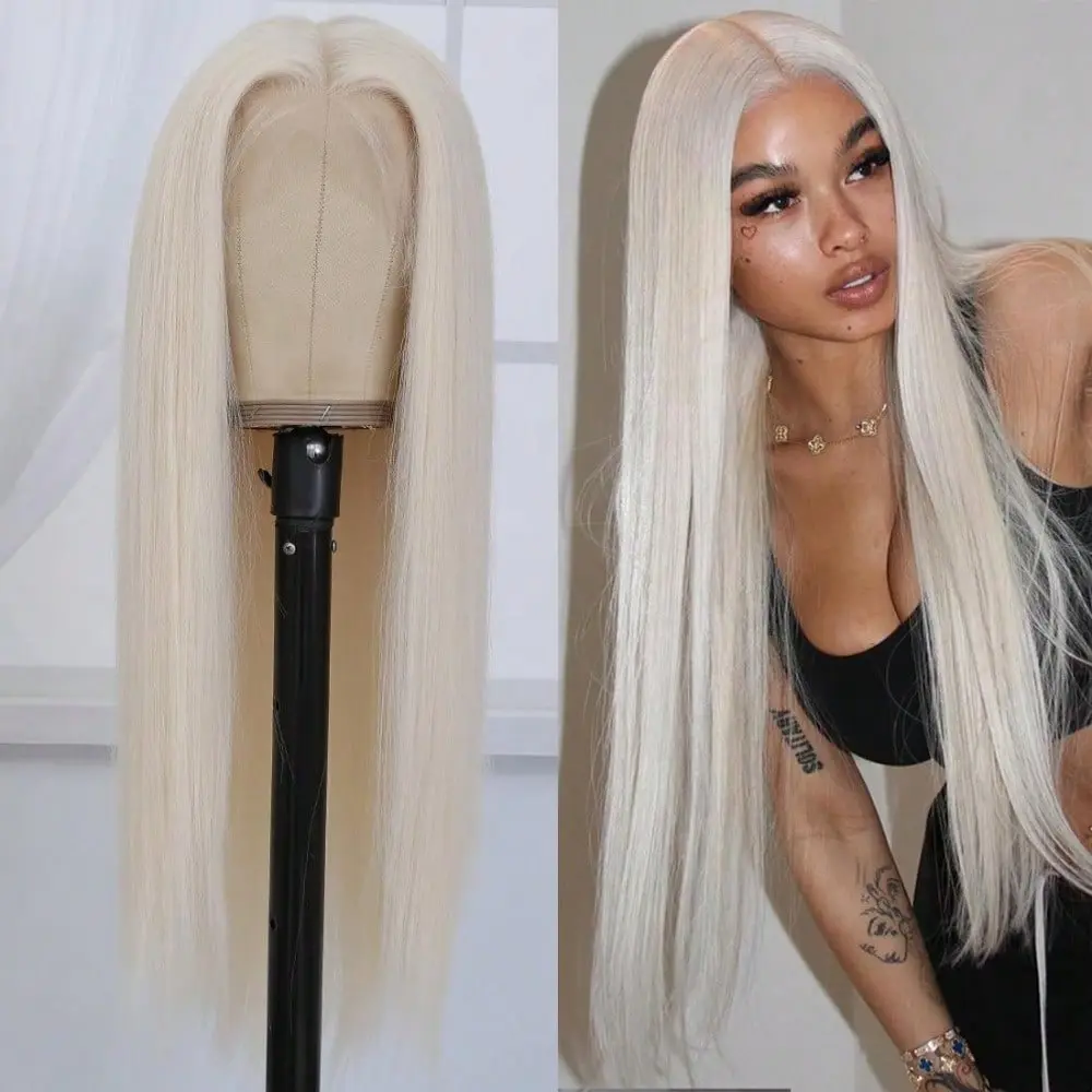 Women's 28in Platinum Blonde Synthetic Lace Frontal Wig - Pre-Plucked 13x4 HD Glueless Wig, Heat-Resistant Fiber, Natural-Looking, for Daily Wear & Party Use, Cosplay Compatible, Glueless Wigs
