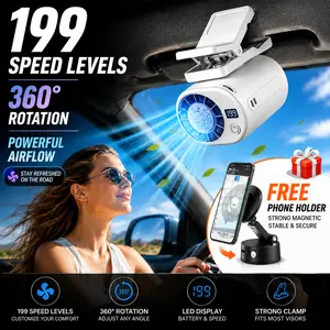 MAISIKE Car Clip Fan - 360° Rotating Portable Cooling Fan, USB Rechargeable Fan with LED Display, Strong Clamp & 199 Speed Levels for Car, Office, Truck, Travel & Summer Use, Includes Phone Holder