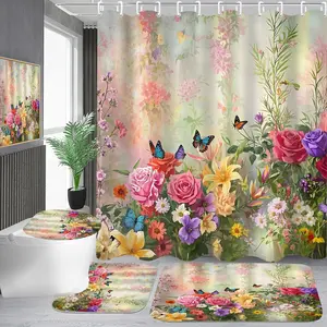 4- Butterfly Floral Shower Curtain Set Botanical Aesthetic Flower Bathroom Set with Shower Curtain and Rugs, Cute Fun Decorative Bath Curtain with Hooks for  Decor