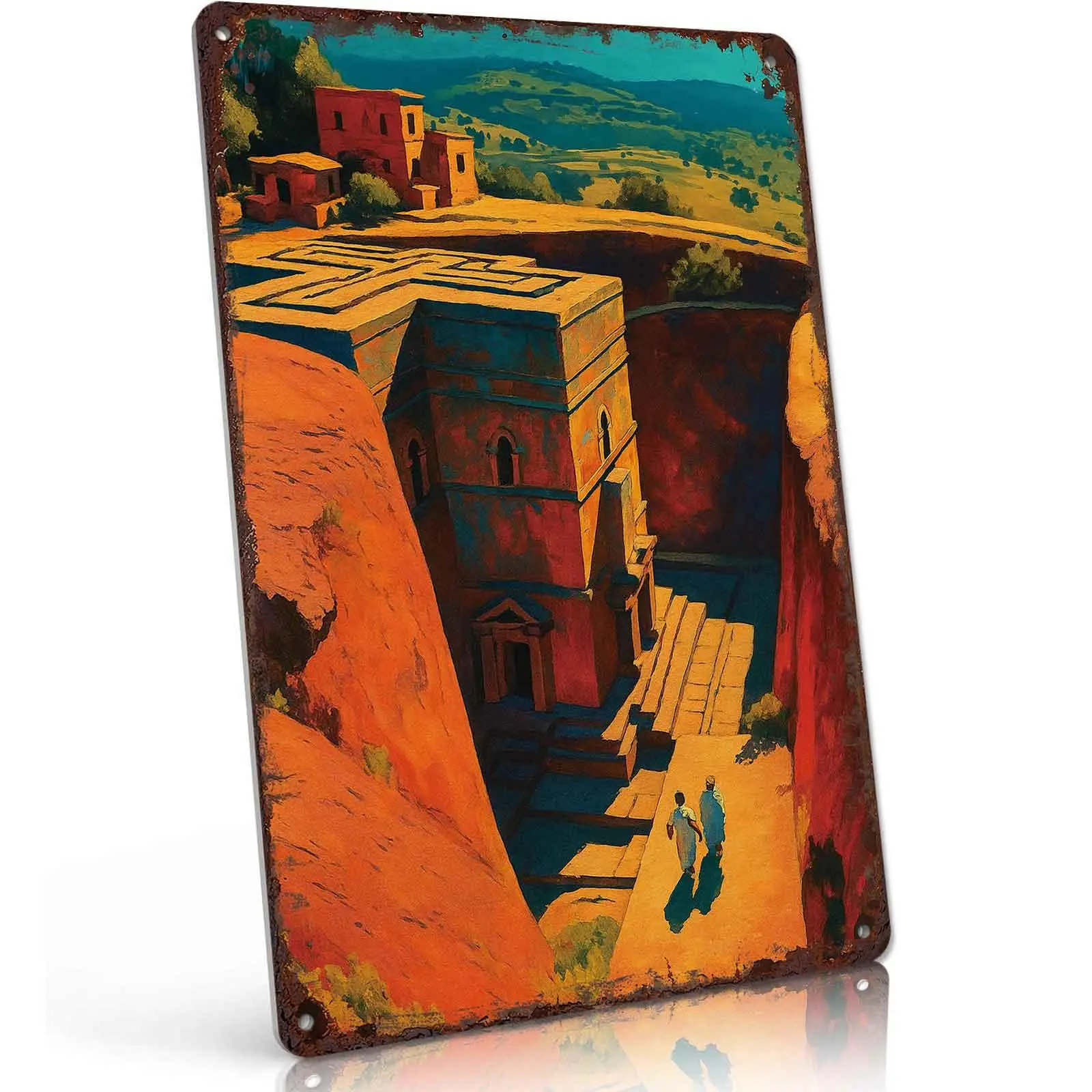 Vintage Ethiopian Rock-Hewn Church Aluminium Tin Sign, 8x12in Lightweight Decorative Wall Art, Mountable Room Decor for Home Bar, Travel-Themed Gift for Art Lovers