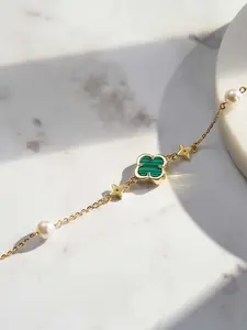 S925 Silver Malachite Lucky Four-Leaf Clover Bracelet for Women, Elegant Fall Winter Jewelry Gift for Girlfriend