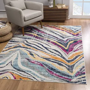 212 MAIN Modern Polypropylene 4x6 ft. Blue & Gold Zebra-Print Indoor Area Rug