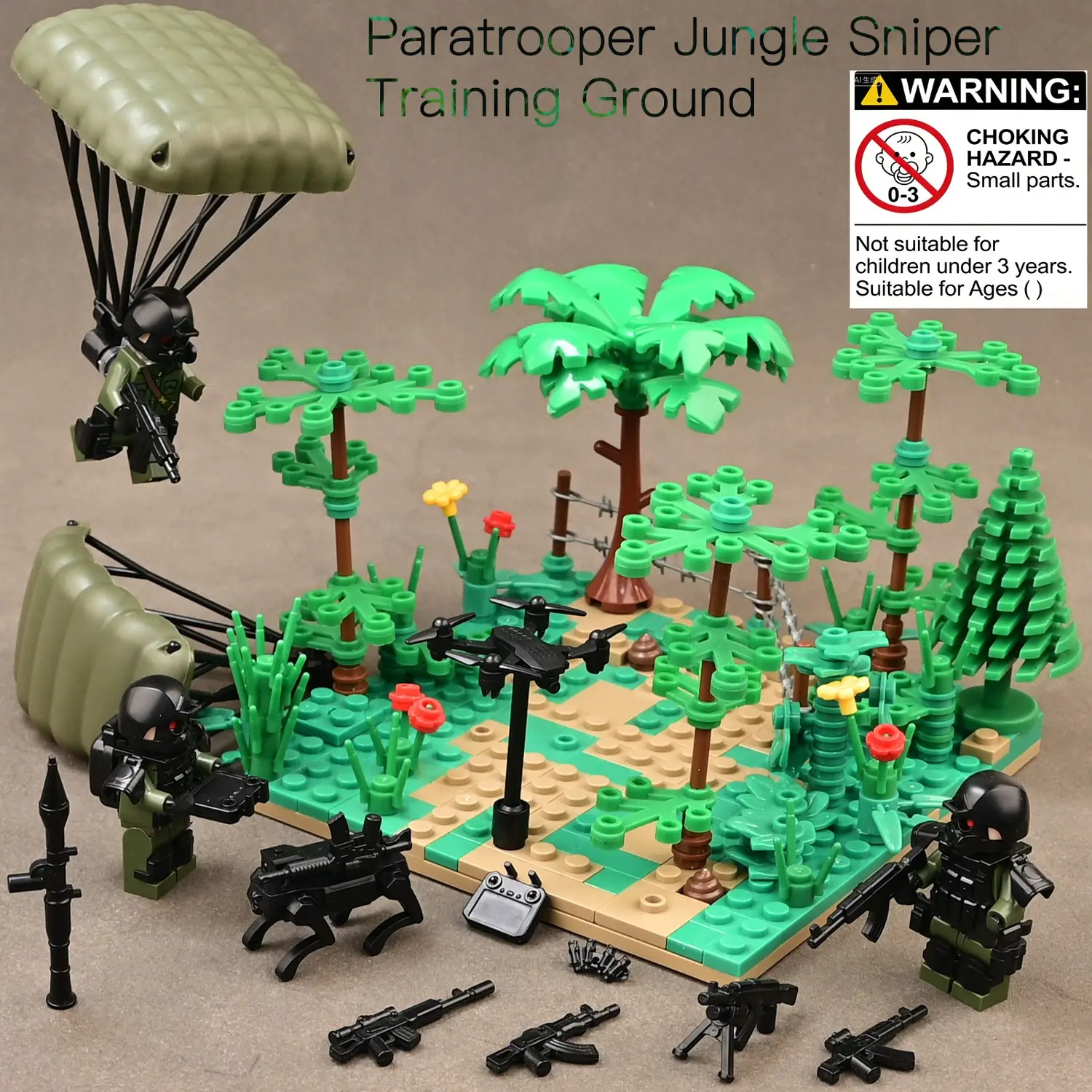Military Special Forces Paratrooper Sniper Training Ground Creative Building Blocks Toy, Assembly Scene Model, Army Weapon Equipment Playset, Jungle Sniper