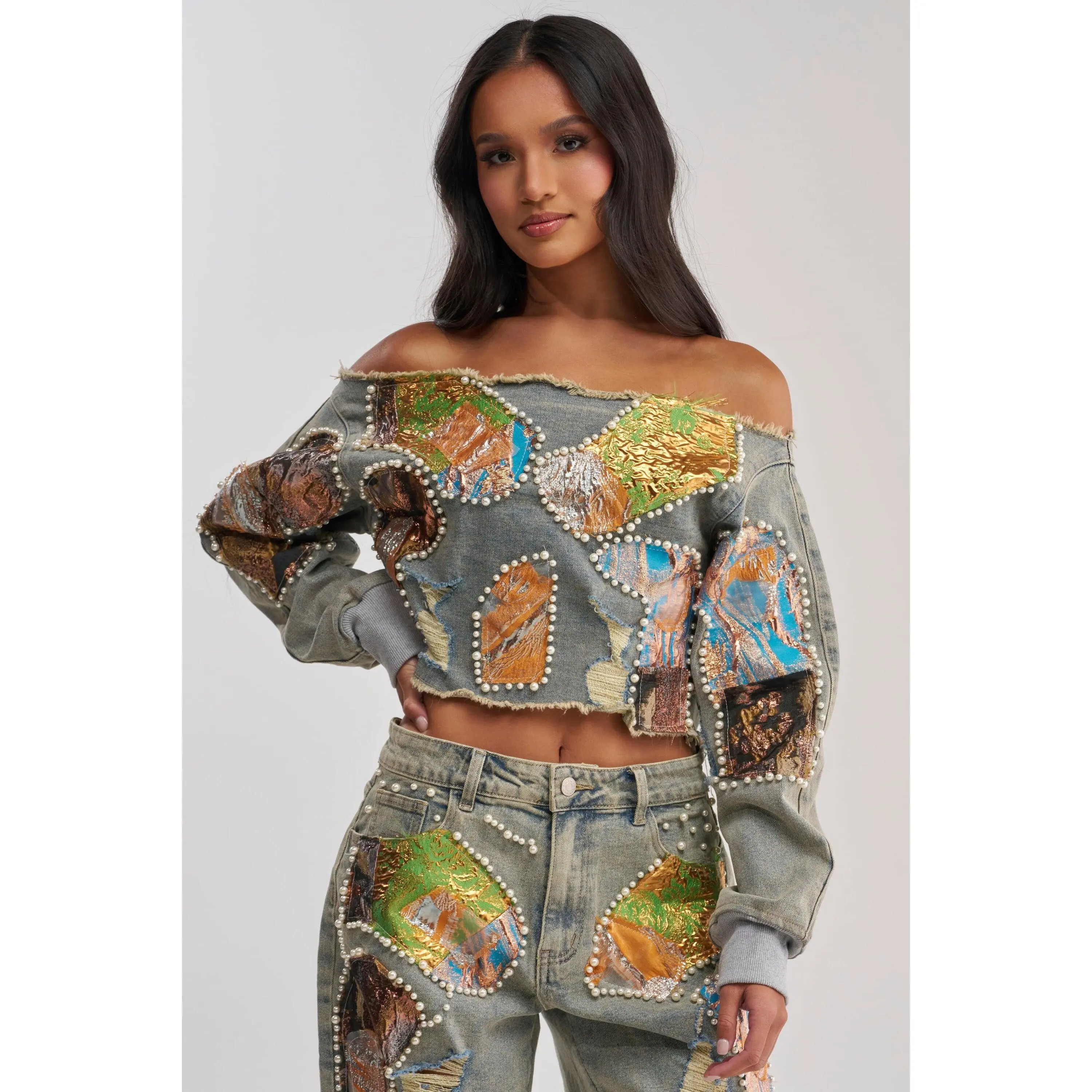 PATCHED UP BROCADE DENIM SWEATSHIRT