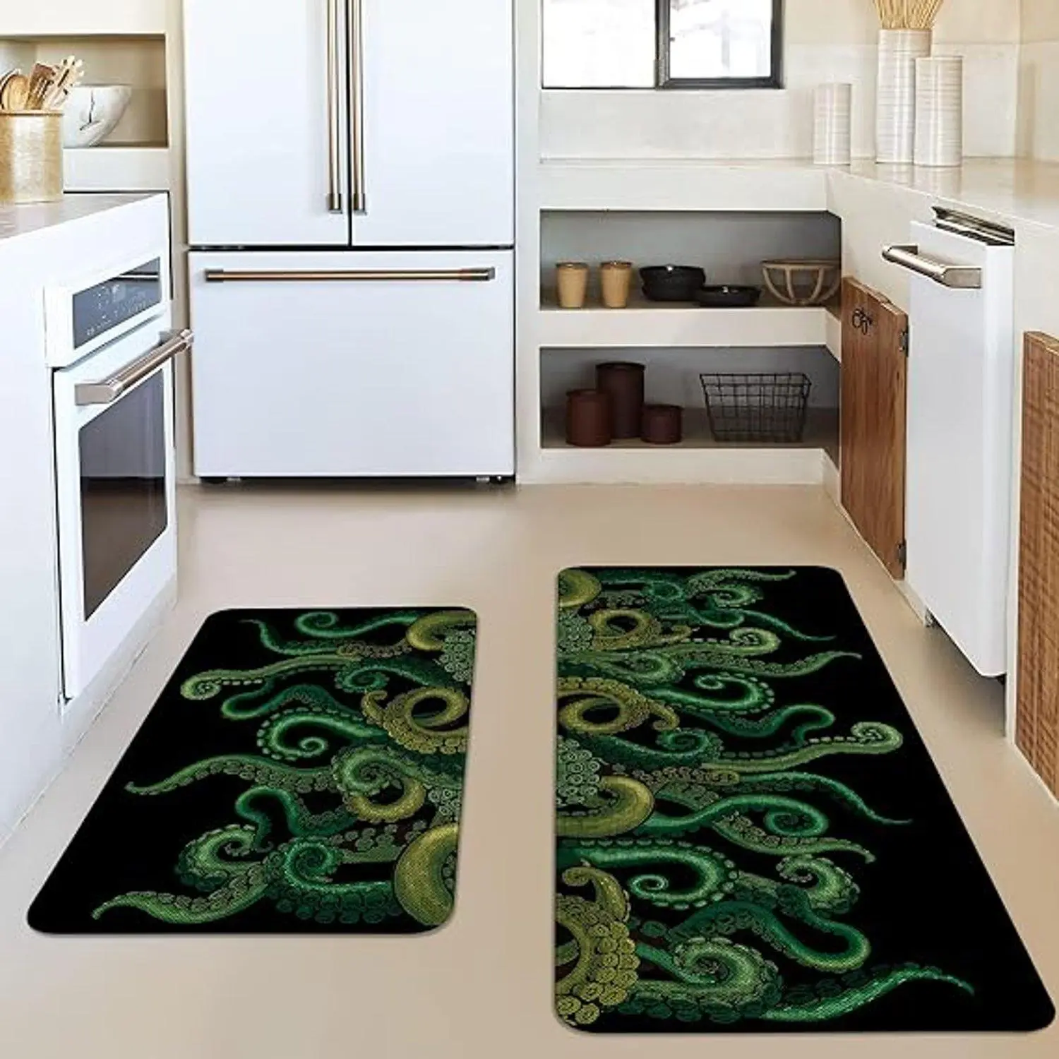 Green Octopus Tentacle Kraken Flannel Indoor Area Rug Non Slip Absorbent Kitchen Runner Floor Gothic Ocean Nautical Decorative Home Floor Mat Carpet