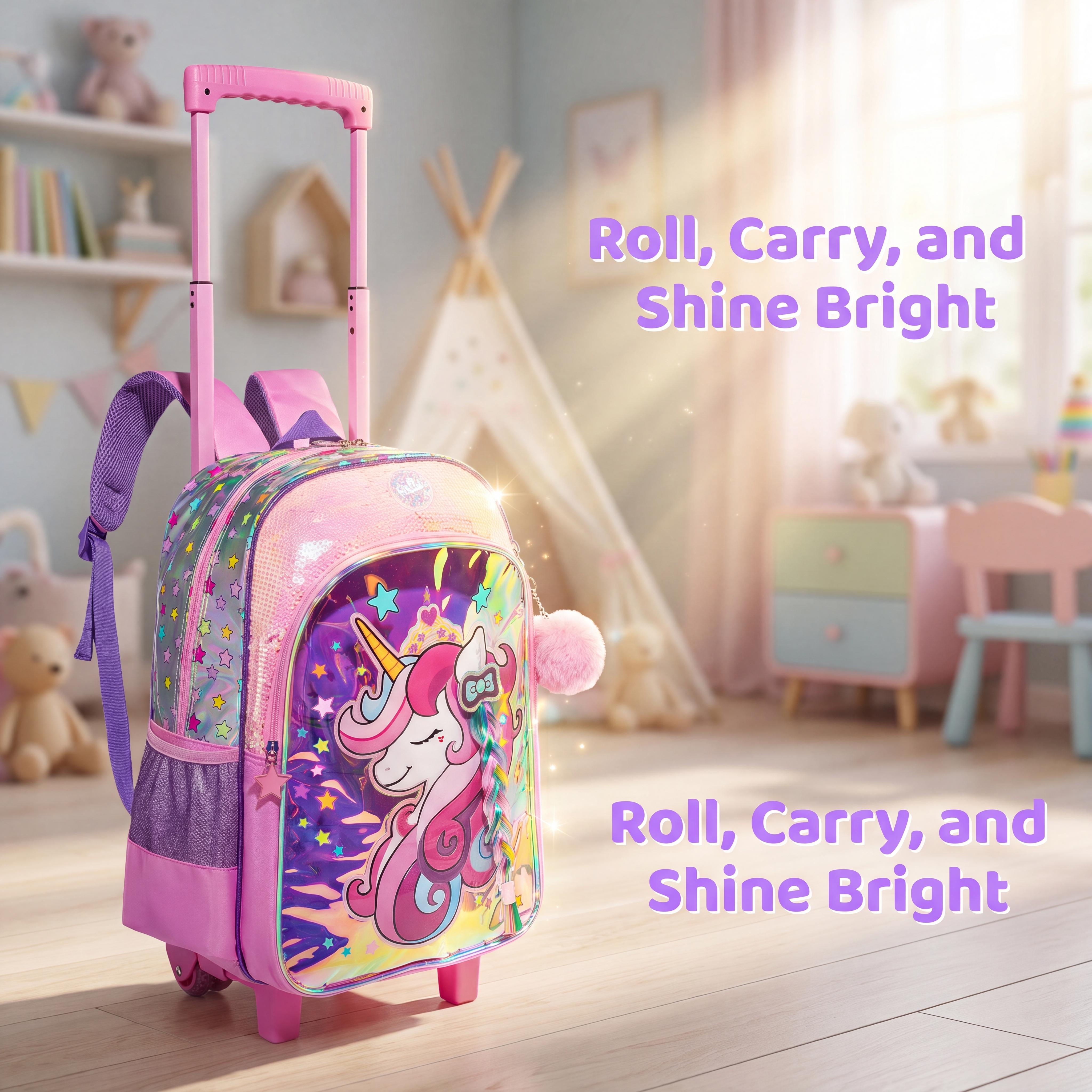 Cute Unicorn Rolling Backpack 3pcs Set for Girls | Aesthetic Laser Kids School Bag with Lunch Box & Pencil Case | Glitter Holographic Bookbag with Braided Hair & Wheels, Detachable Trolley Bag 2026
