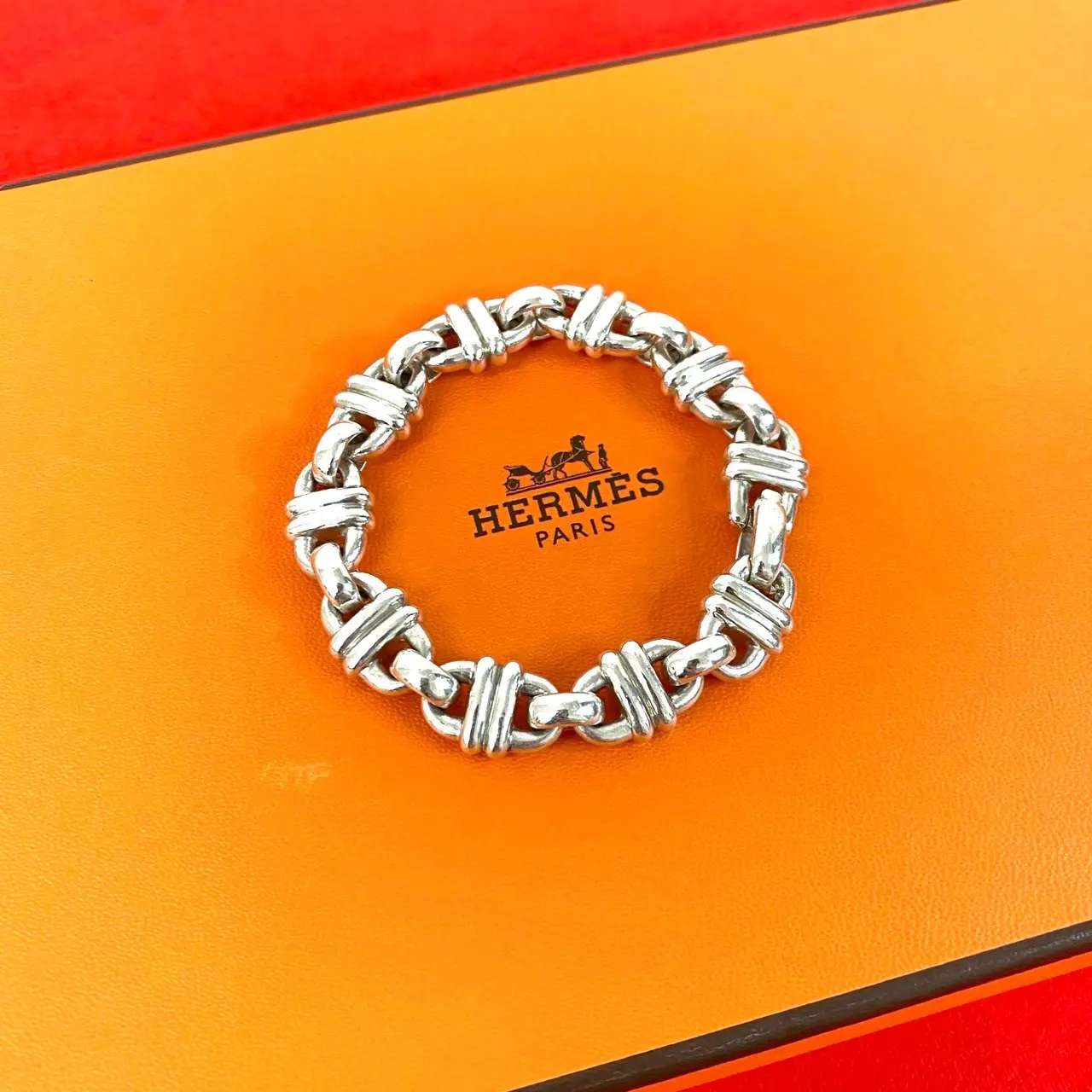 Pre-owned HERMÈS Sterling Silver 925 (Ag925) Small Leather Goods Hermes Cubele Silver Bracelet