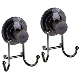 Vacuum Suction Cup Hooks 2 Pack for Kitchen Bathroom Towel Bathrobe Loofah Hanging Bronze