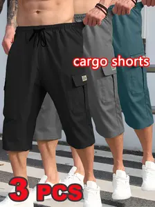 Men’s solid-color cargo shorts 3-pack—lightweight and stylish, featuring a drawstring waist and multiple pockets, made from durable polyester fabric. Available in various colors that make choosing difficult, suitable for everyday casual wear and outdoor a