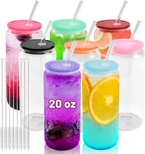 20 oz Glass Cups with  Lids and Straws 8 count Can Shaped Glass Iced Coffee Cups with Lids, Drinking Jar Glasses Cute Tumbler Cup  for Smoothie Soda Boba