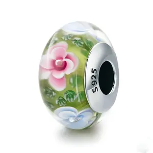 925 Sterling Silver Pink Flower Murano Glass Charm Bead