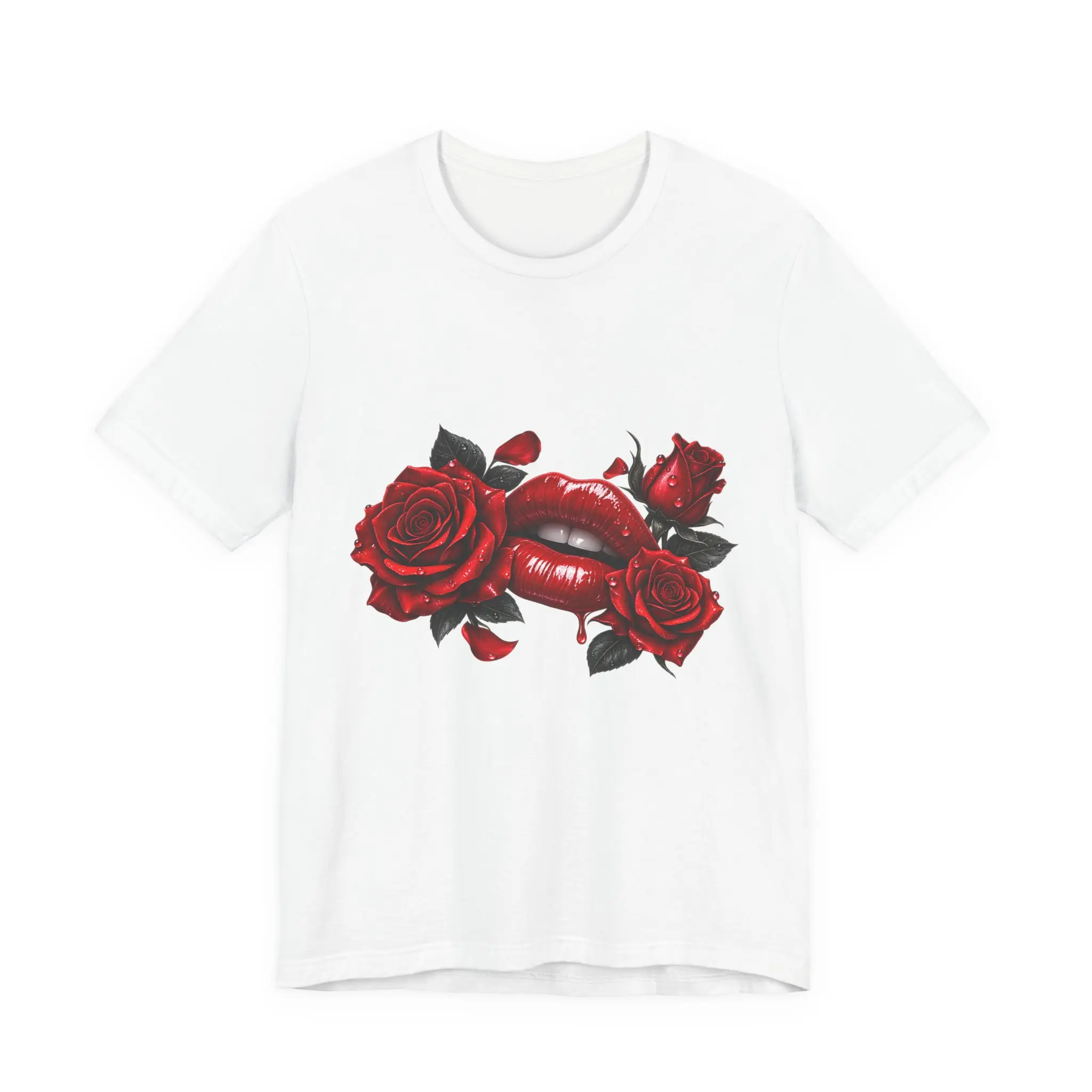 Red Roses and Lip Print T-Shirt | Floral Gothic Kiss, Valentine
