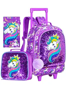 1Set Unicorn Rolling Backpack Set, Magical Kawaii Style, 4-Wheel Smooth Rolling, Large Capacity, Lunch Box & Pencil Case + Pom-Pom Decor, Perfect for School & Travel, Girls & Kids