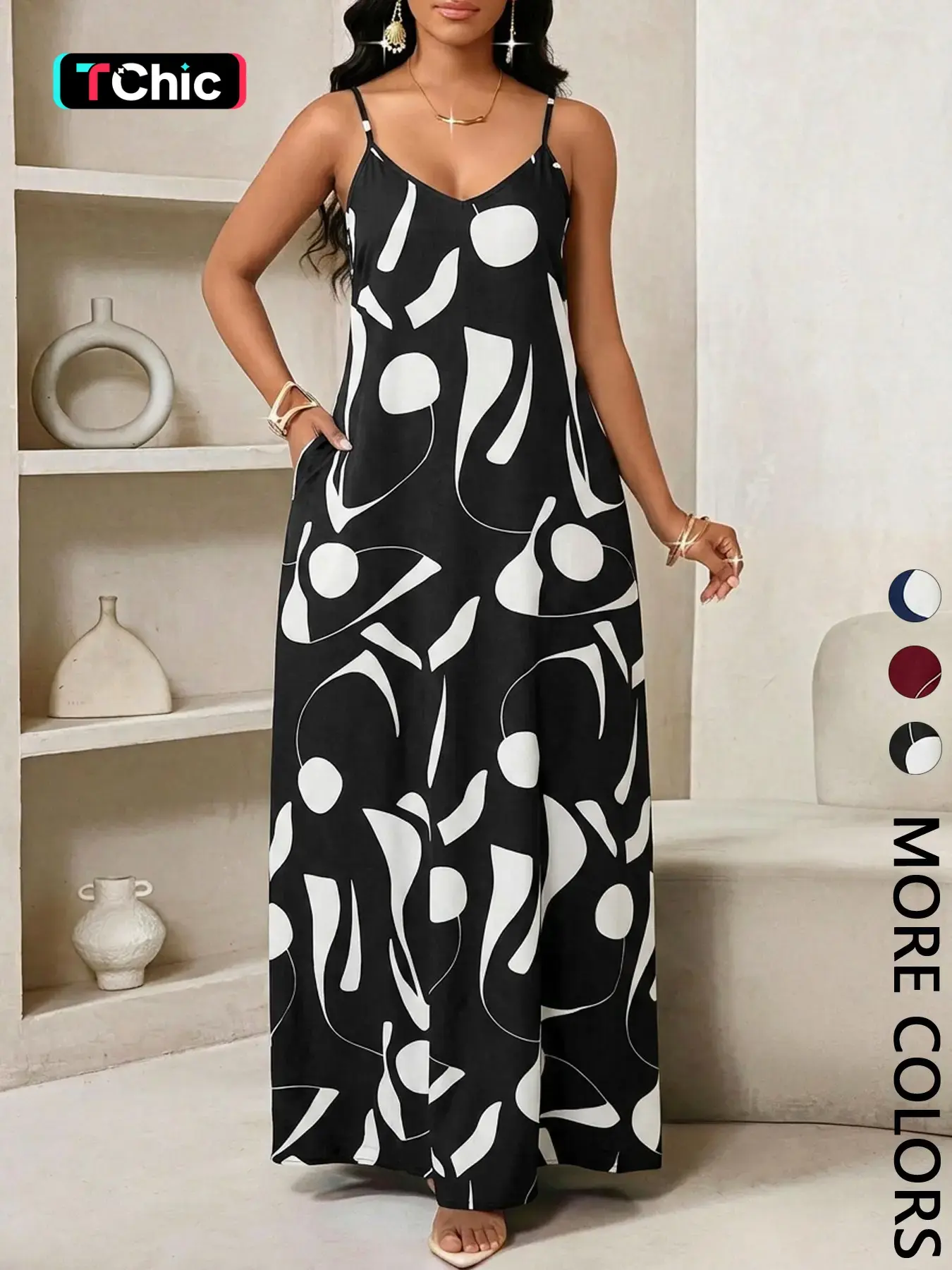 Women's Abstract Print  Dress, V Neck, Spaghetti Strap, Side Pocket, Lightweight Breathable Fabric, Summer Casual & Vacation Wear, Modern Art Style, Beach Sundress, Party Dress