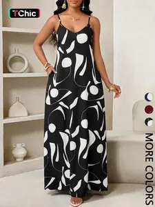 Women's Abstract Print  Dress, V Neck, Spaghetti Strap, Side Pocket, Lightweight Breathable Fabric, Summer Casual & Vacation Wear, Modern Art Style
