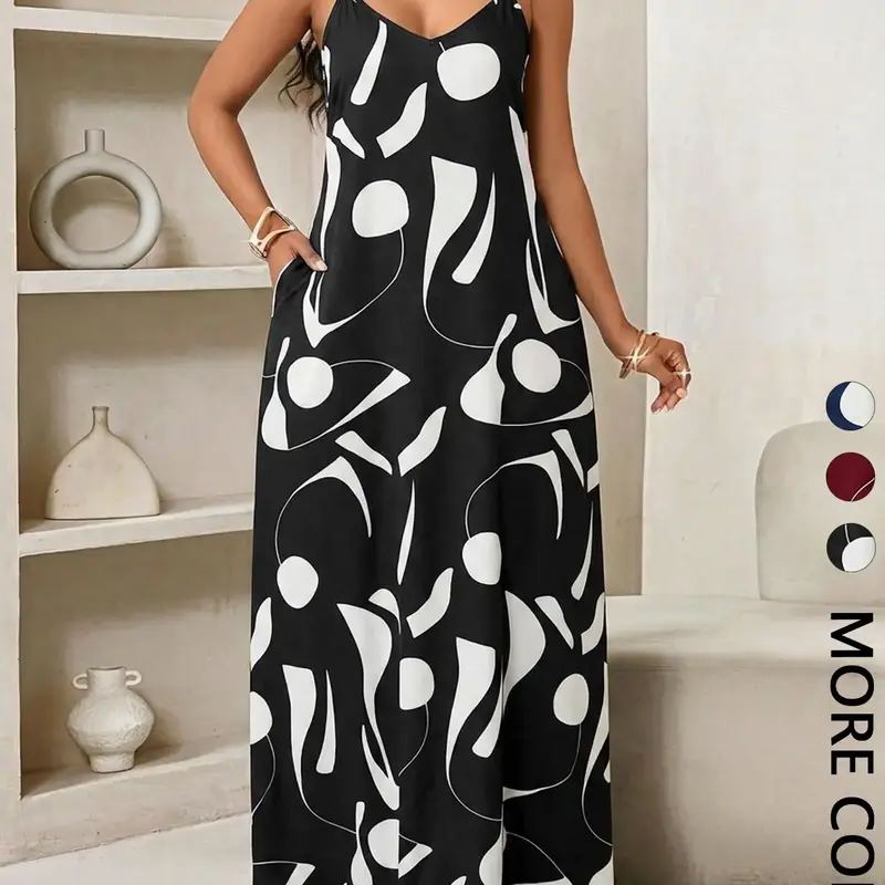 Women's Abstract Print  Dress, V Neck, Spaghetti Strap, Side Pocket, Lightweight Breathable Fabric, Summer Casual & Vacation Wear, Modern Art Style, Beach Party Dresses, Beach Sundress, Party Dress