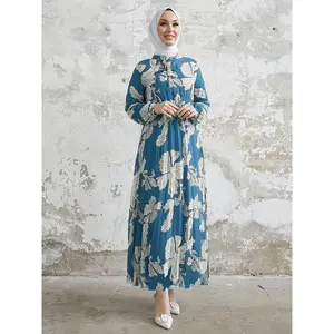 Elegant Middle Eastern Floral Print Pleated Maxi Dress - Casual Polyester Blend with Long Sleeves, Machine Washable - Brown & White, Floral Print Dress