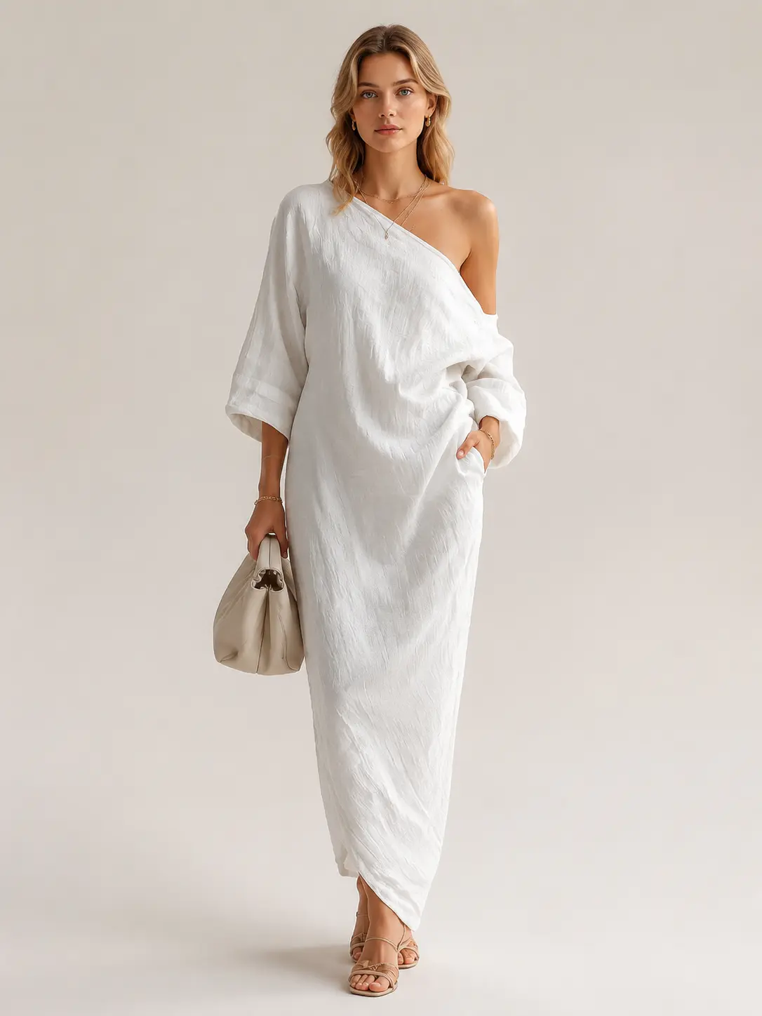 Women's 1-Shoulder Long Sleeve Formal Maxi Gown, 2026 Spring Solid Ruched Mid-Waist Loose Flowy Dress, Casual Party Beach Outfit for All Body Types, XS-XXXL