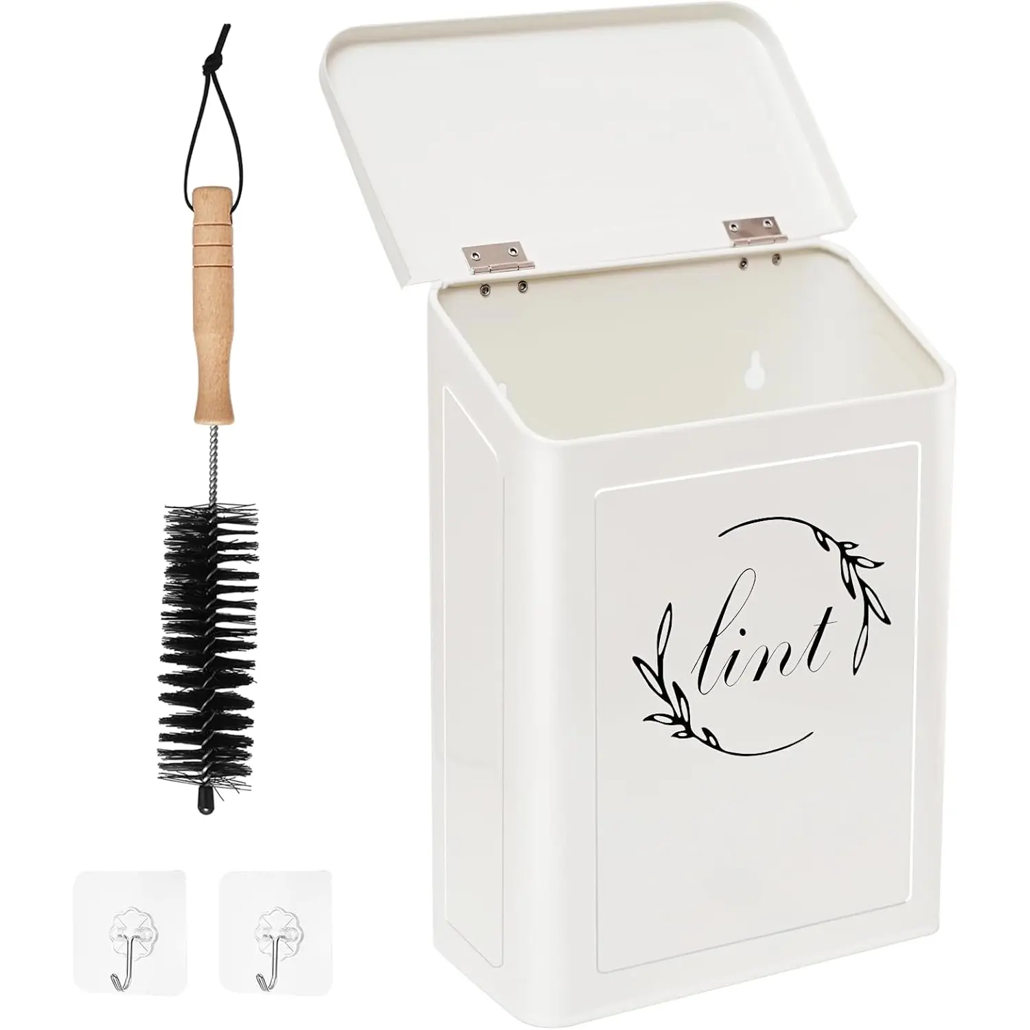 Lint Bin for Laundry Room, Metal Lint Trash Can with Lid for Dryer, Wall Mounted Lint Holder Box with Lint Brush, Modern Farmhouse Laundry Room Decor, Cream