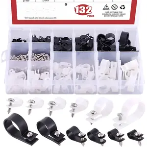 132 count 6 Sizes Black and White Plastic  Clamp R Type Screw Mounting Cord Fastener  Clips Assortment Kit with Screws for Wire Management  Conduit (Clips from 6mm to 23mm)