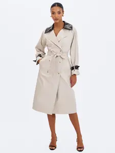 Umber Oyster Double-Breasted Faux Leather Lapel Trench Coat