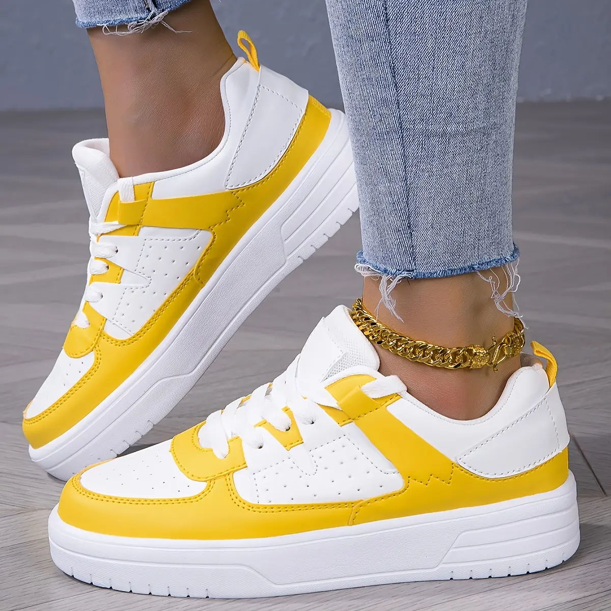 Women's Breathable Low-Cut Fashion Sneakers, Yellow and White - Casual Lace-Up, Plaid Pattern and Bow Detail, Durable EVA Sole, Comfortable Fabric Lining, Hand Washable - Fashion Flat Sneakers