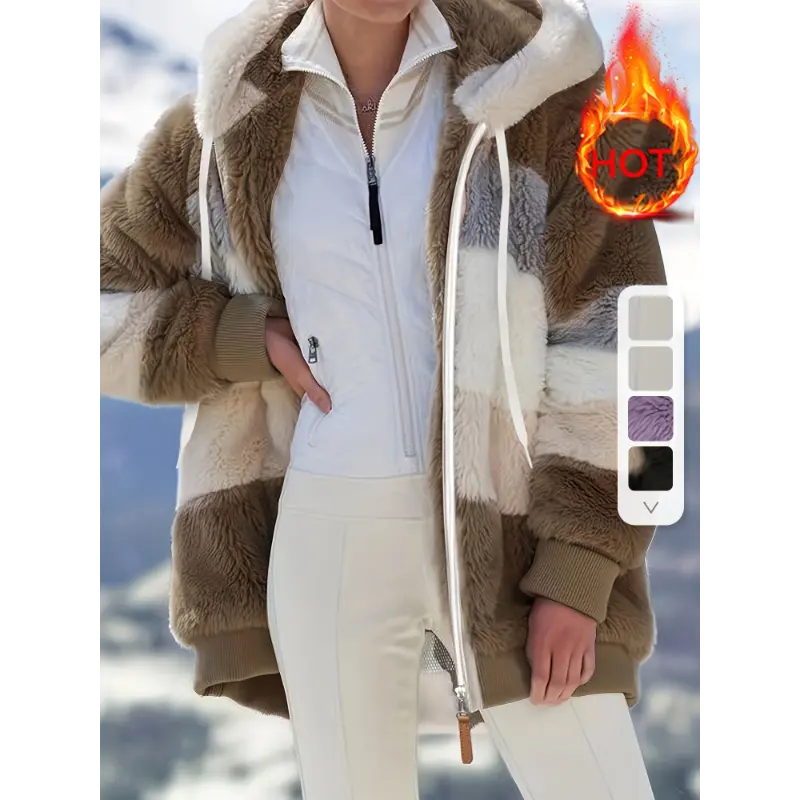 Women's Cozy Fur-Trimmed Hooded Jacket - Multicolor Striped, Loose Fit, Long Sleeve, Fall/Winter Fashion Outerwear with Pockets, Cozy Travel Jacket | Vacation Style Jacket | Plush Polyester umbrella  hat Snow Garden Boots Collapsible Vampire Umbrella  Fab
