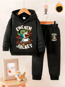 Kids' Chicken Jockey Cartoon Print Hoodie & Sweatpants Set, Fleece Lined, Fall Winter Casual Wear, Boys Girls Ages 6-8 Years