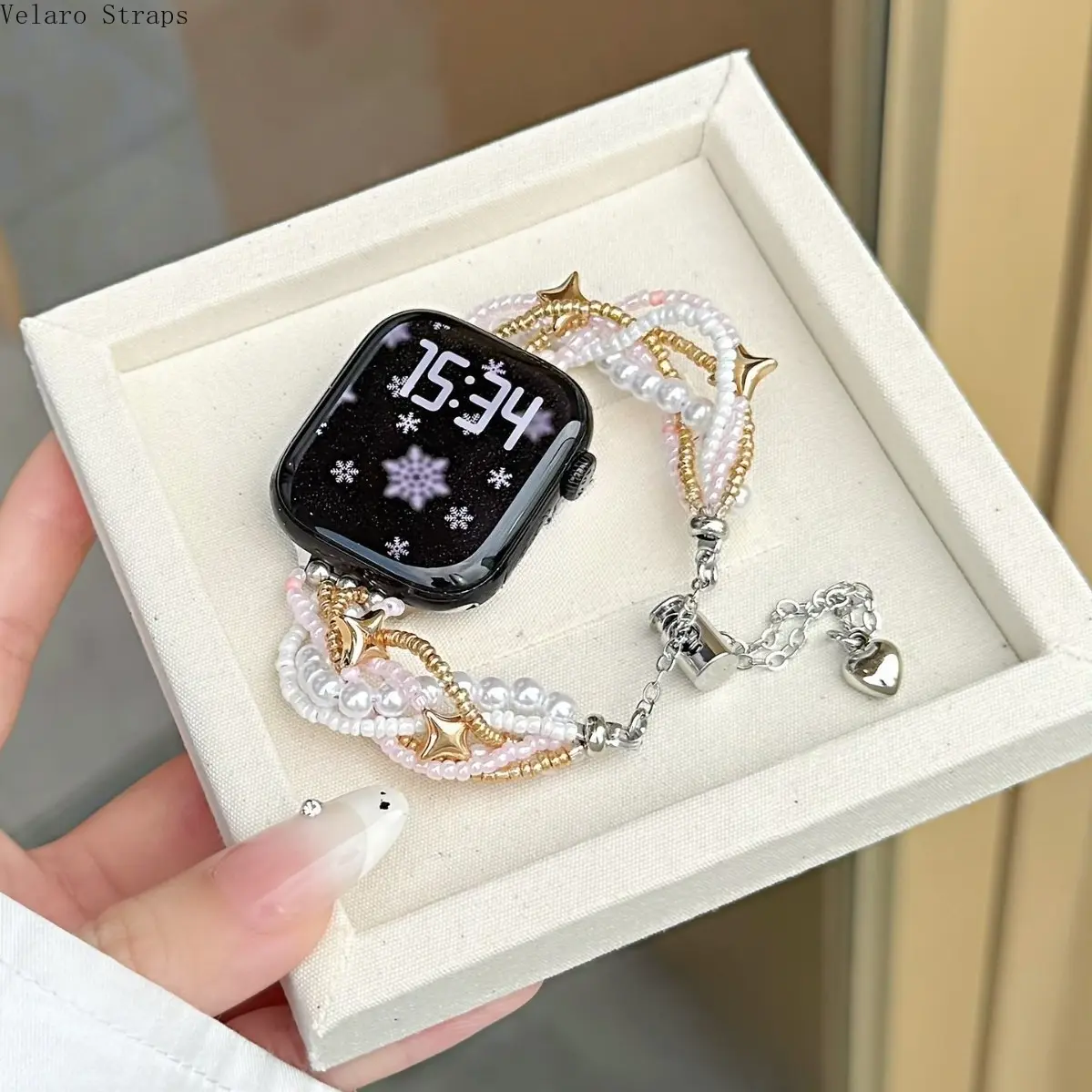 Watch Band Bracelet with Boho Charm, Multi-Layer Rice Pearl Design with a Handcrafted Look for a Universal Smart Watch Fit, Replacement Band, Pink Gold, Accessories, Beaded Bracelet, Watch Strap, Chain Clasp