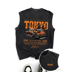 ANBOAWEAR Men's Street Racing Graphic Tank Top Slightly Stretchy Washed Black Round Neck Casual Vest for Daily Wear 100% Cotton Avant-Garde Biker Style