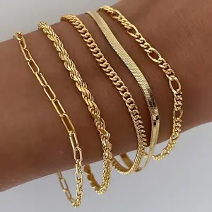5PCS Waterproof 14K Real hypoallergenic Gold Jewelry Set for Women – Trendy Thin Dainty Stackable Cuban Link, Paperclip Chain Bracelet Pack, Fashion Accessories Gifts for Women non-tarnish Christmas Gift