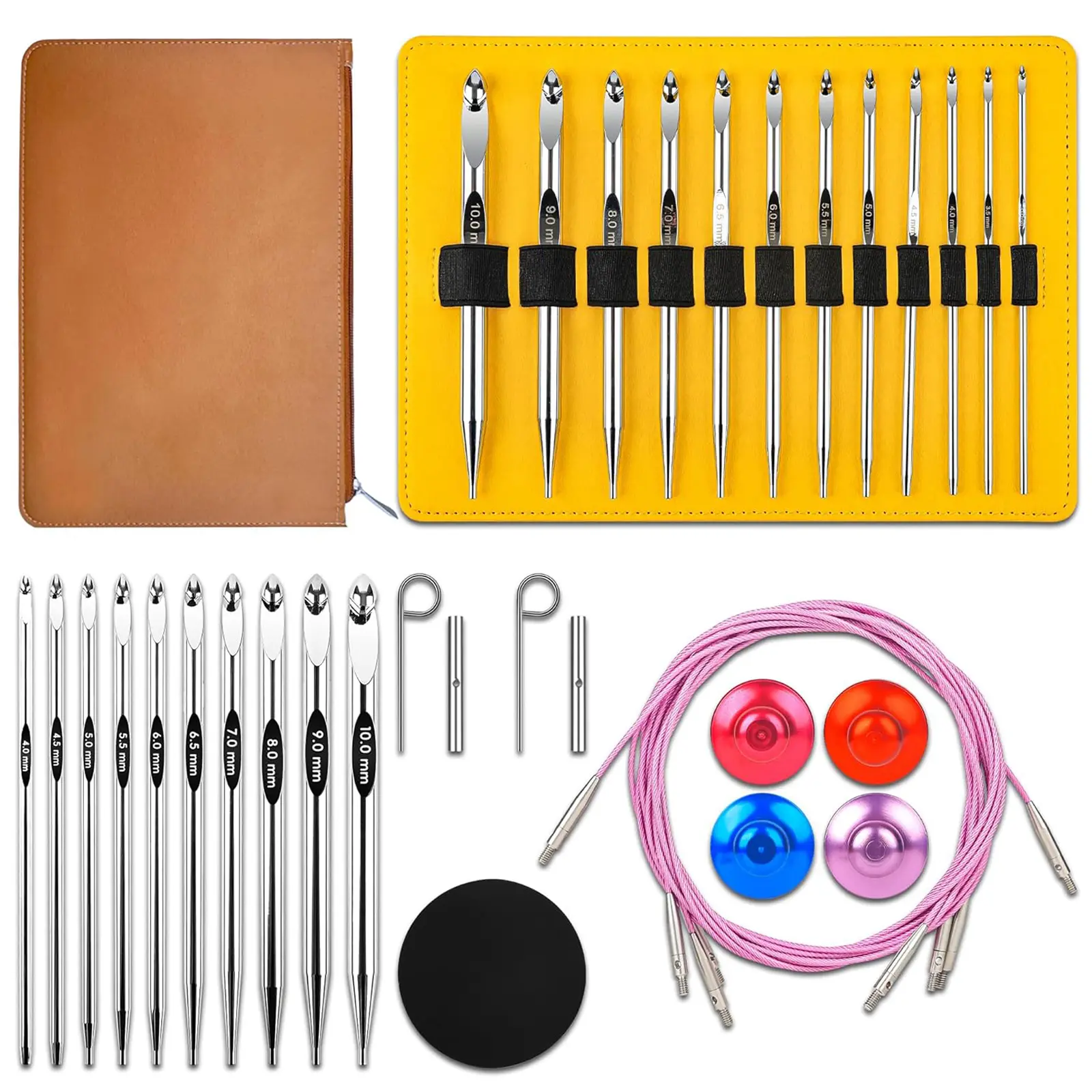 Tunisian Crochet Hooks Set Aluminum Metal Interchangeable Crochet Hook with Cable 3mm-10mm Ergonomic Crochet Hooks for Arthritic Hands 26Pic (Umber)