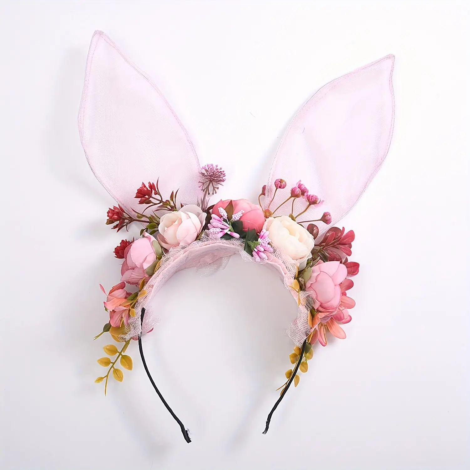 1 Piece Easter Bunny Ear Headband, with Wreath - Cute Pink Bunny Ears and Simulated Flowers, Playful Hair Accessory for Women, Perfect for Easter Party, Photo Props and Four Seasons, Photo Dress-Up |   Floral Headband |   Soft pink ears.