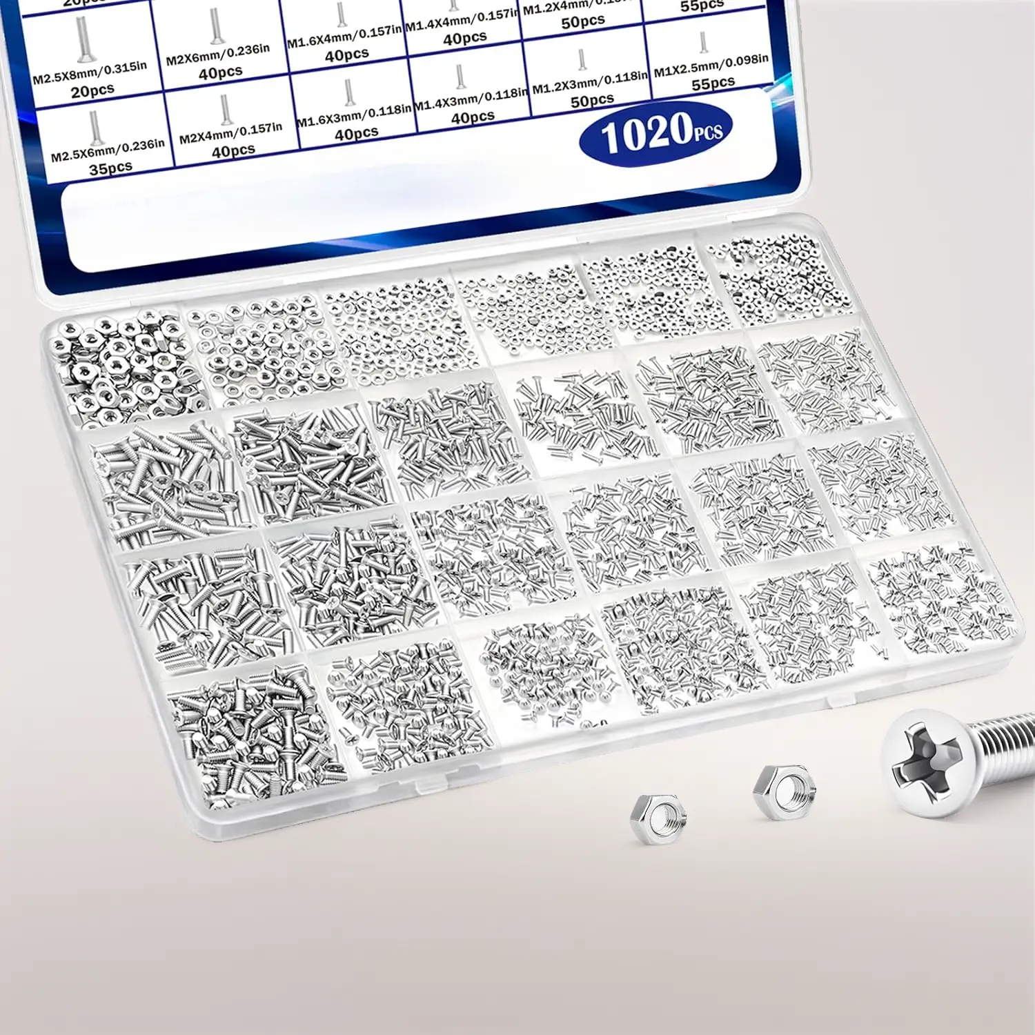 1020pcs Metric Micro Screws & Nuts Assortment for Sporty Protective Gear, M1-M2.5 Sizes, Hex Nuts & Small Flat Countersunk Head Machine Screws for Arduino, RC Models, Metal