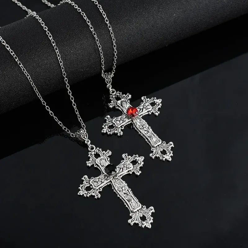 Red crystal cross pendant necklace, suitable for both men and women. Gothic-style large cross chain necklace, fashionable accessory, exquisite gift.