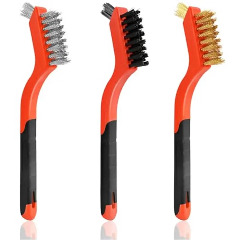 3pcs Wire Brushes for Cleaning Rust, Upgrade Wire Brush Set - Brass/Stainless Steel/Nylon Bristles, Small Metal Wire Brush with Curved Handle Grip, Wire Brushes for Paint and Stain, 7 Inches (3pcs)