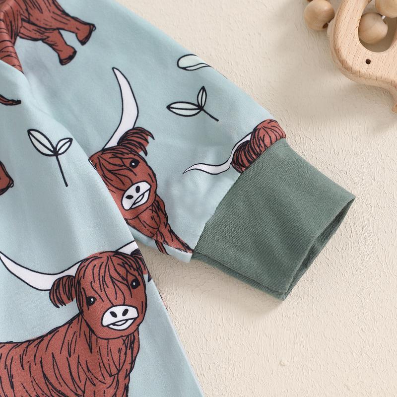 Country Baby Clothes Boy Girl Western Highland Cow Print Long Sleeve Romper Zipper  Jumpsuit Spring Fall Outfit 0-12M