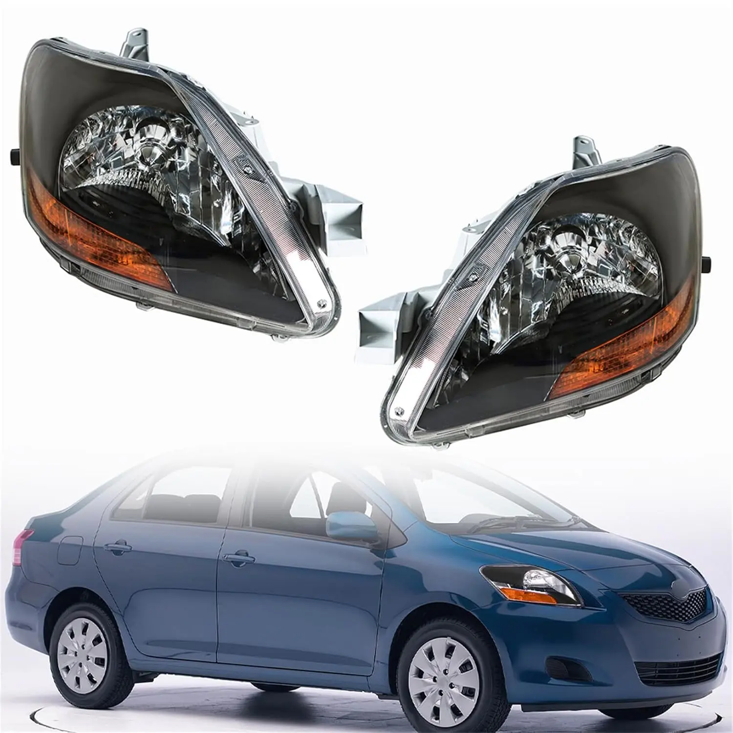 Headlights Replacement for 2007-2011 Yaris Sedan Black Housing Projector Headlights Pair Left+Right Side (Passenger Driver Side)