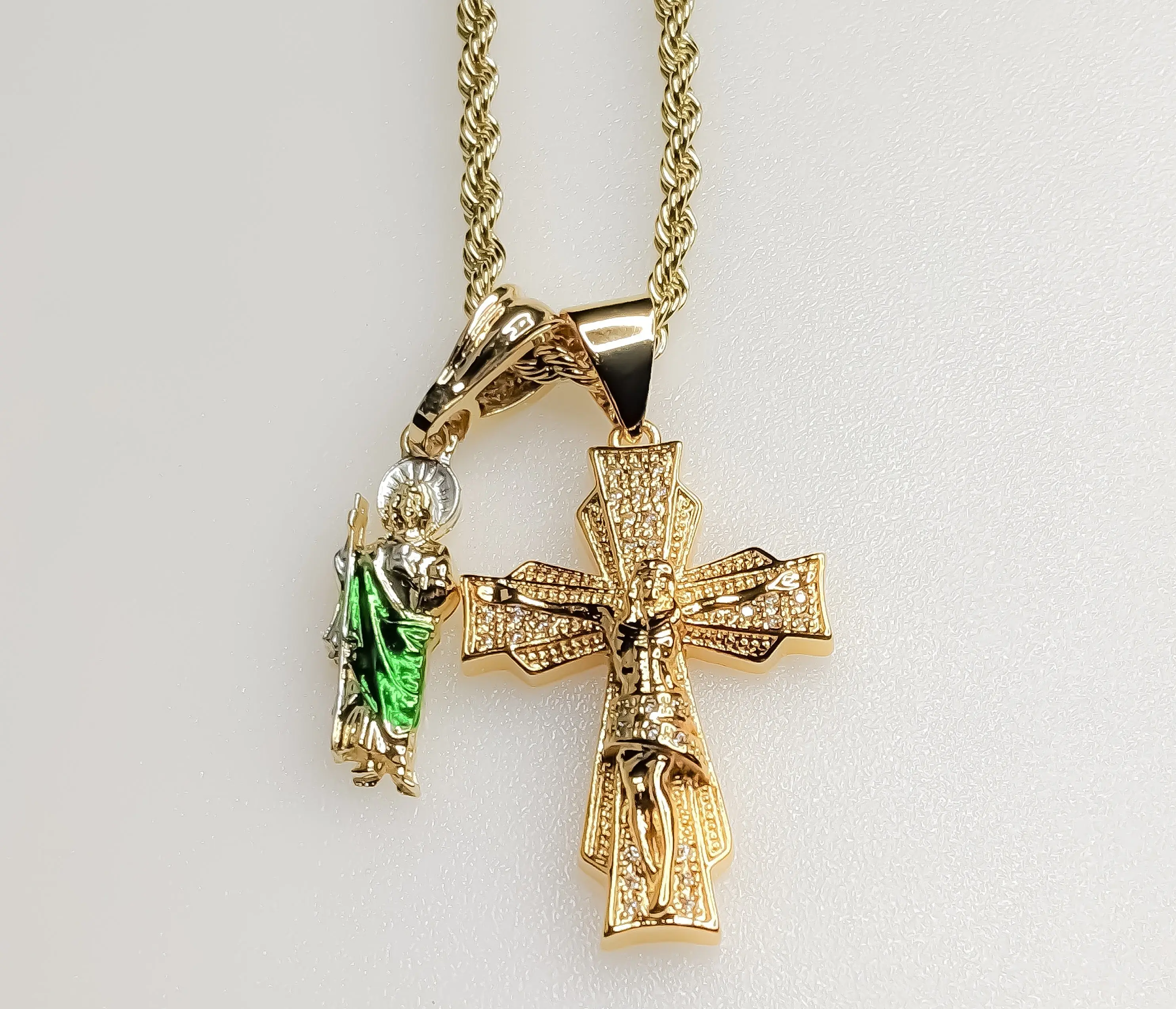 Cross Saint Jude Double Pendants Charms 3mm Rope/Braided Plated Necklace
