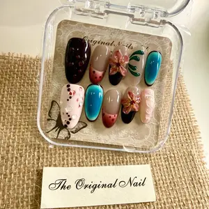 Color Block 3D Flower Press On Nails, Handmade Reusable Almond Fake Nails