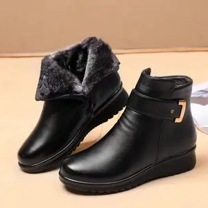 Winter Cotton Shoes With Fleece, Flat Non-Slip Warm Elderly Short Boots, Middle-Aged Women's Leather Shoes, Middle-Aged Winter Shoes