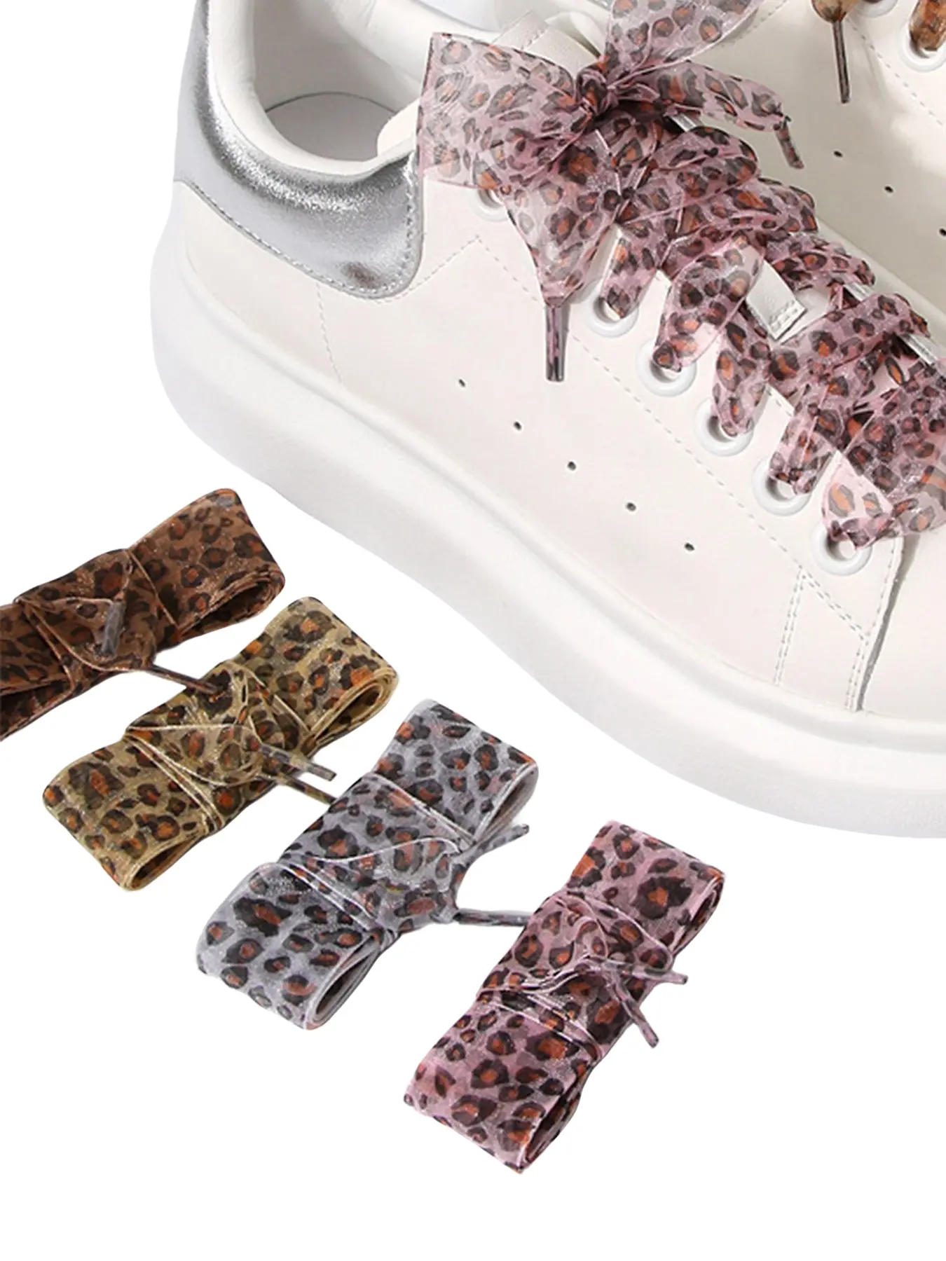 4 Pairs 2.5cm Wide Leopard Print Lace Shoe Laces, Flat Wide Leopard Snow Silk Shoelaces, Casual Style All Seasons